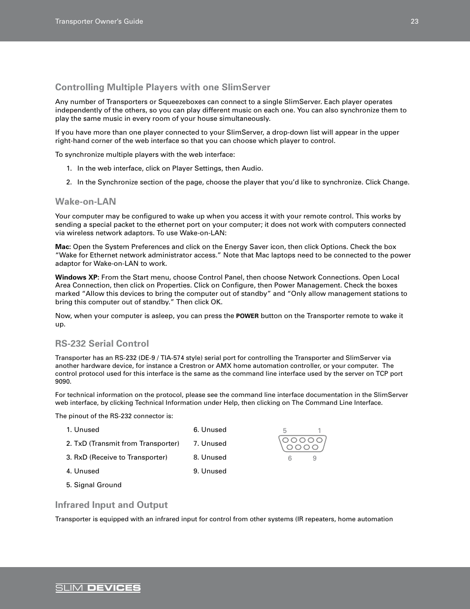Analog output attenuation, Controlling multiple players with one slimserver, Wake-on-lan | Rs-232 serial control, Infrared input and output | Slim Devices SLIM DEVICES User Manual | Page 25 / 36