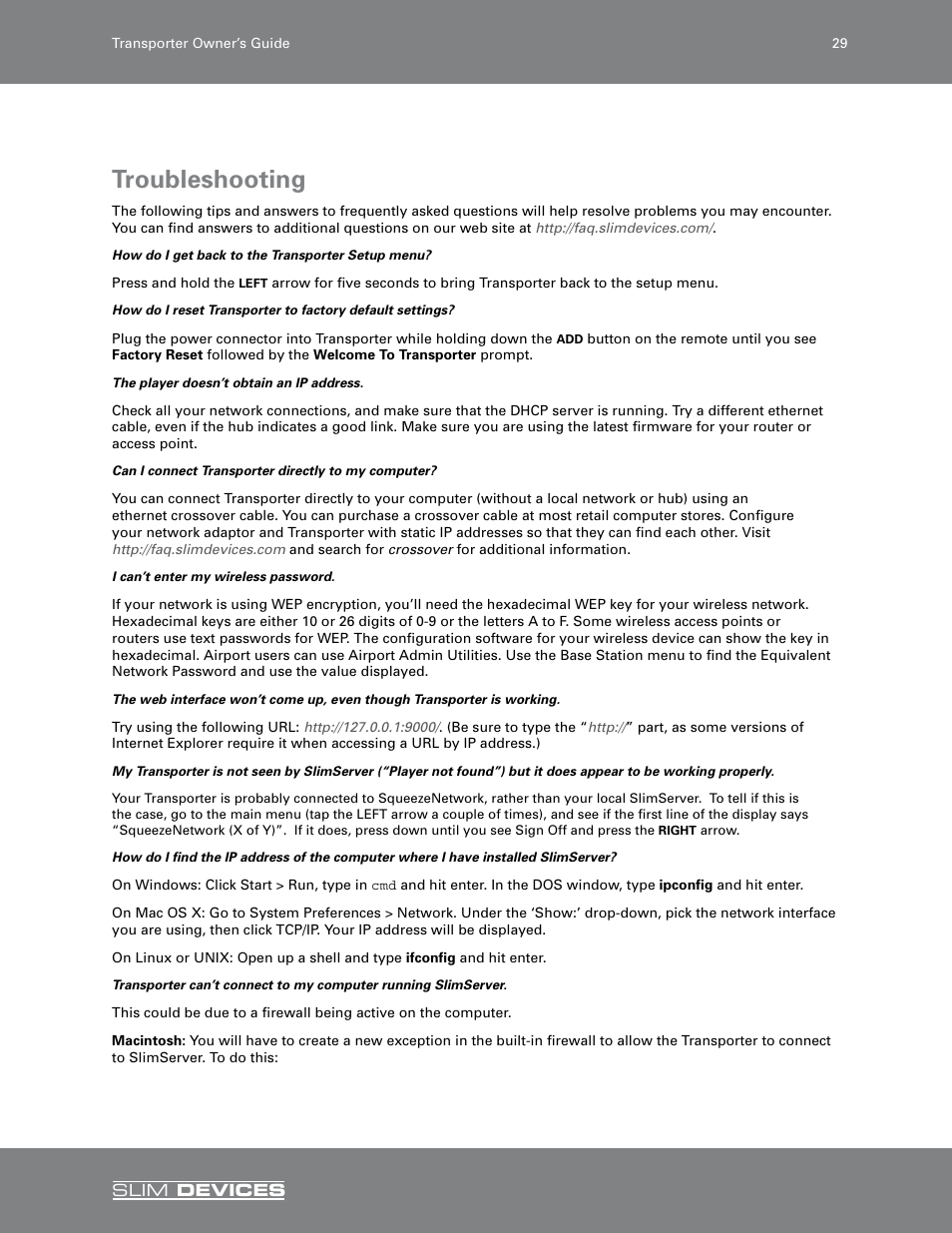 Troubleshooting | Slim Devices SLIM DEVICES User Manual | Page 31 / 36
