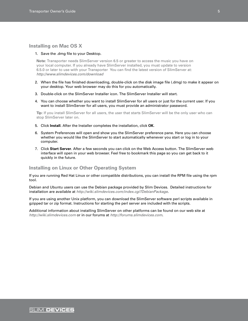 Installing on mac os x, Installing on linux or other operating system | Slim Devices SLIM DEVICES User Manual | Page 7 / 36