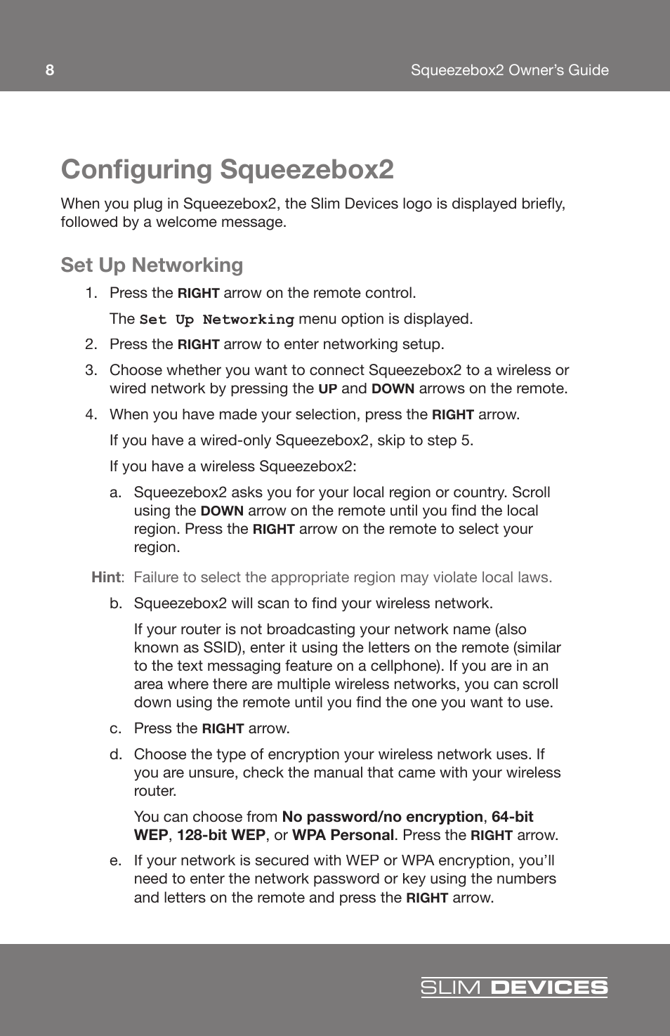 Conﬁ guring squeezebox2, Set up networking, Slim devices | Slim Devices 2 User Manual | Page 10 / 28