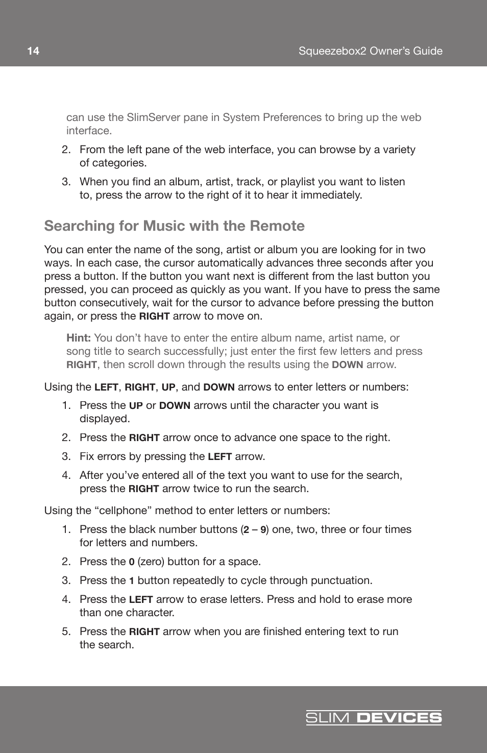 Searching for music with the remote, Slim devices | Slim Devices 2 User Manual | Page 16 / 28