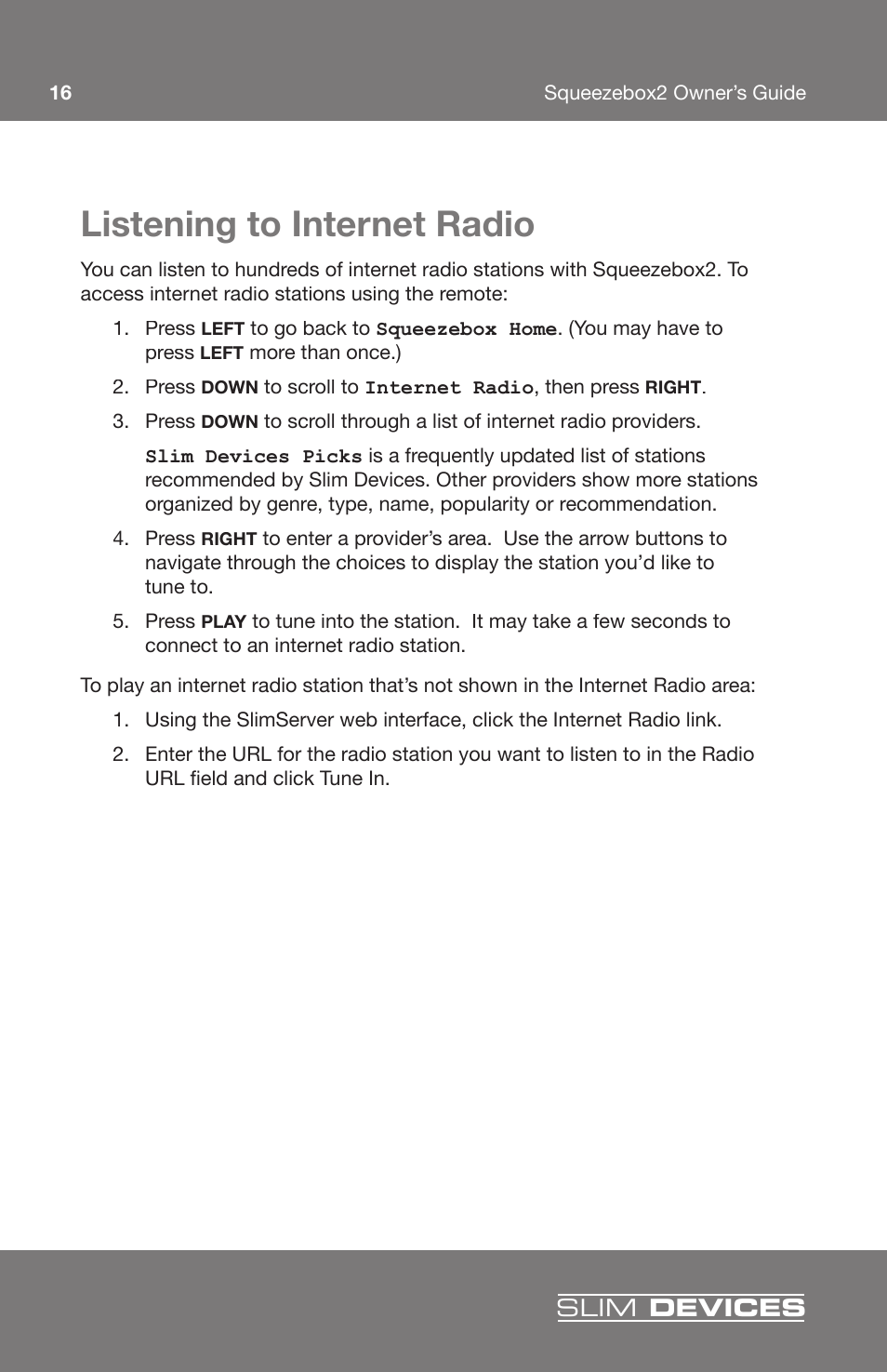 Listening to internet radio, Slim devices | Slim Devices 2 User Manual | Page 18 / 28
