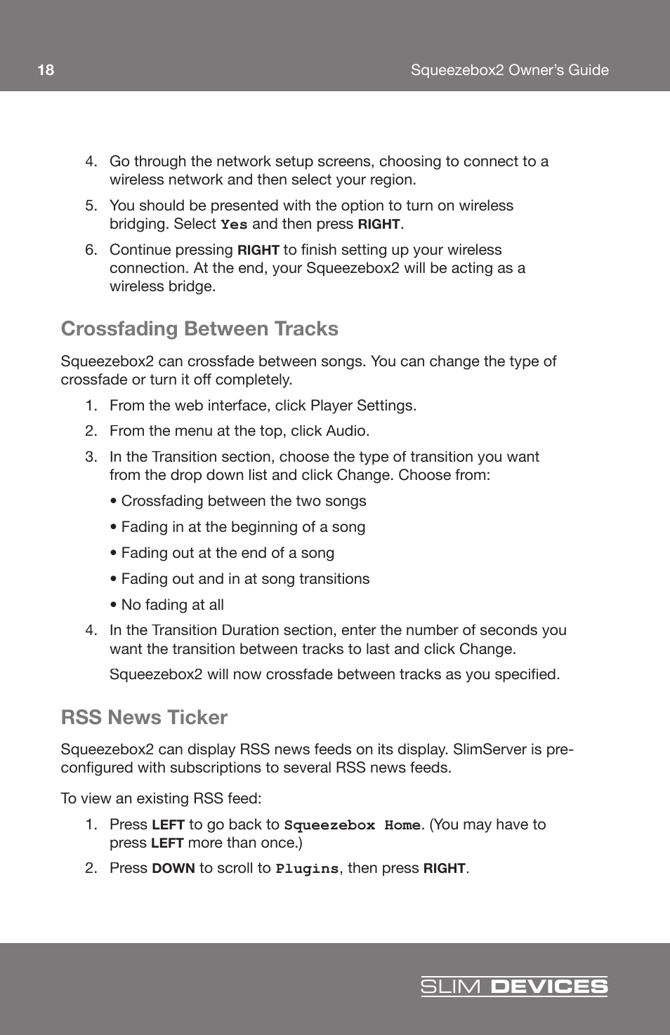 Crossfading between tracks, Rss news ticker, Slim devices | Slim Devices 2 User Manual | Page 20 / 28