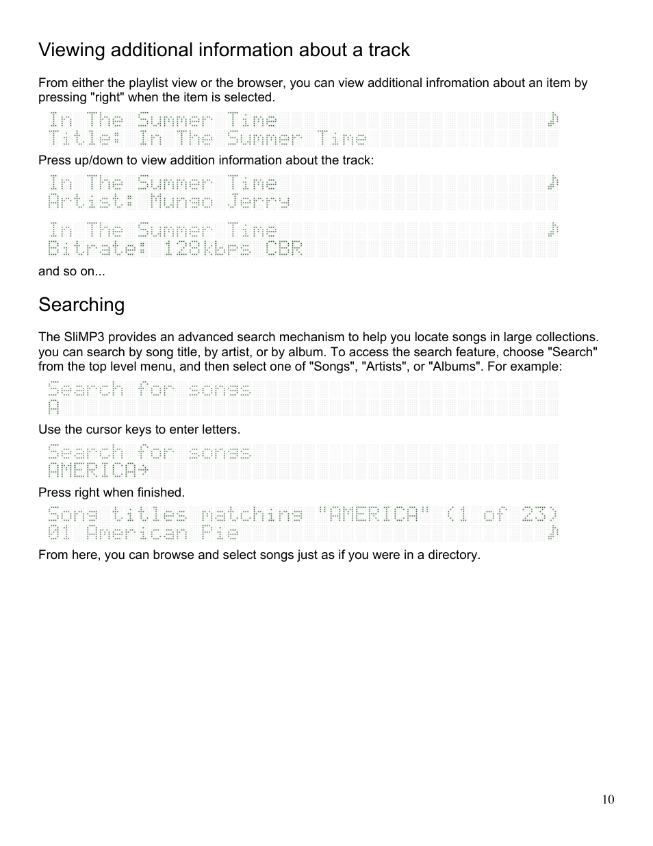 Viewing additional information about a track, Searching | Slim Devices SliMP3 User Manual | Page 10 / 16