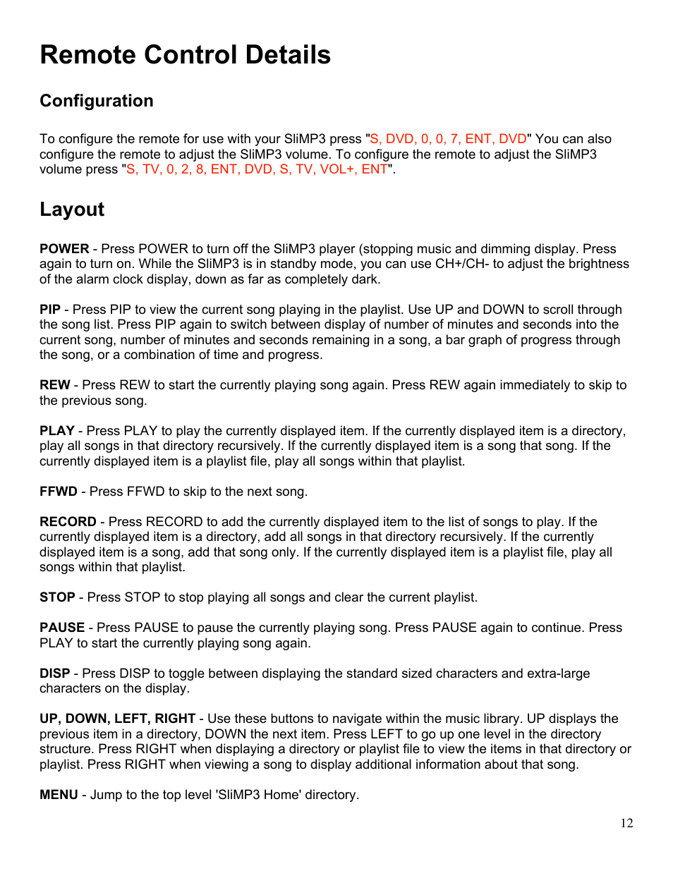 Remote control details, Layout, Configuration | Slim Devices SliMP3 User Manual | Page 12 / 16