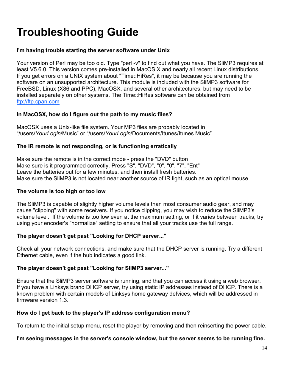 Troubleshooting guide | Slim Devices SliMP3 User Manual | Page 14 / 16