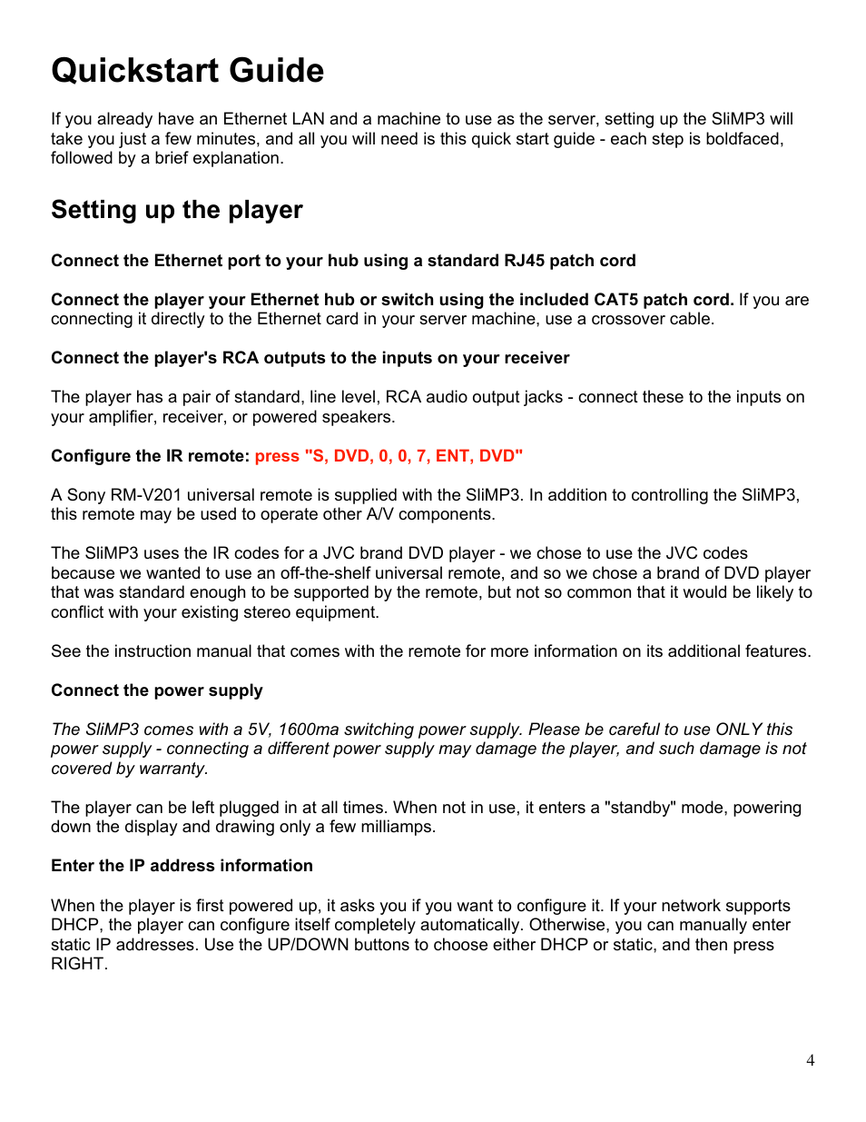Quickstart guide, Setting up the player | Slim Devices SliMP3 User Manual | Page 4 / 16