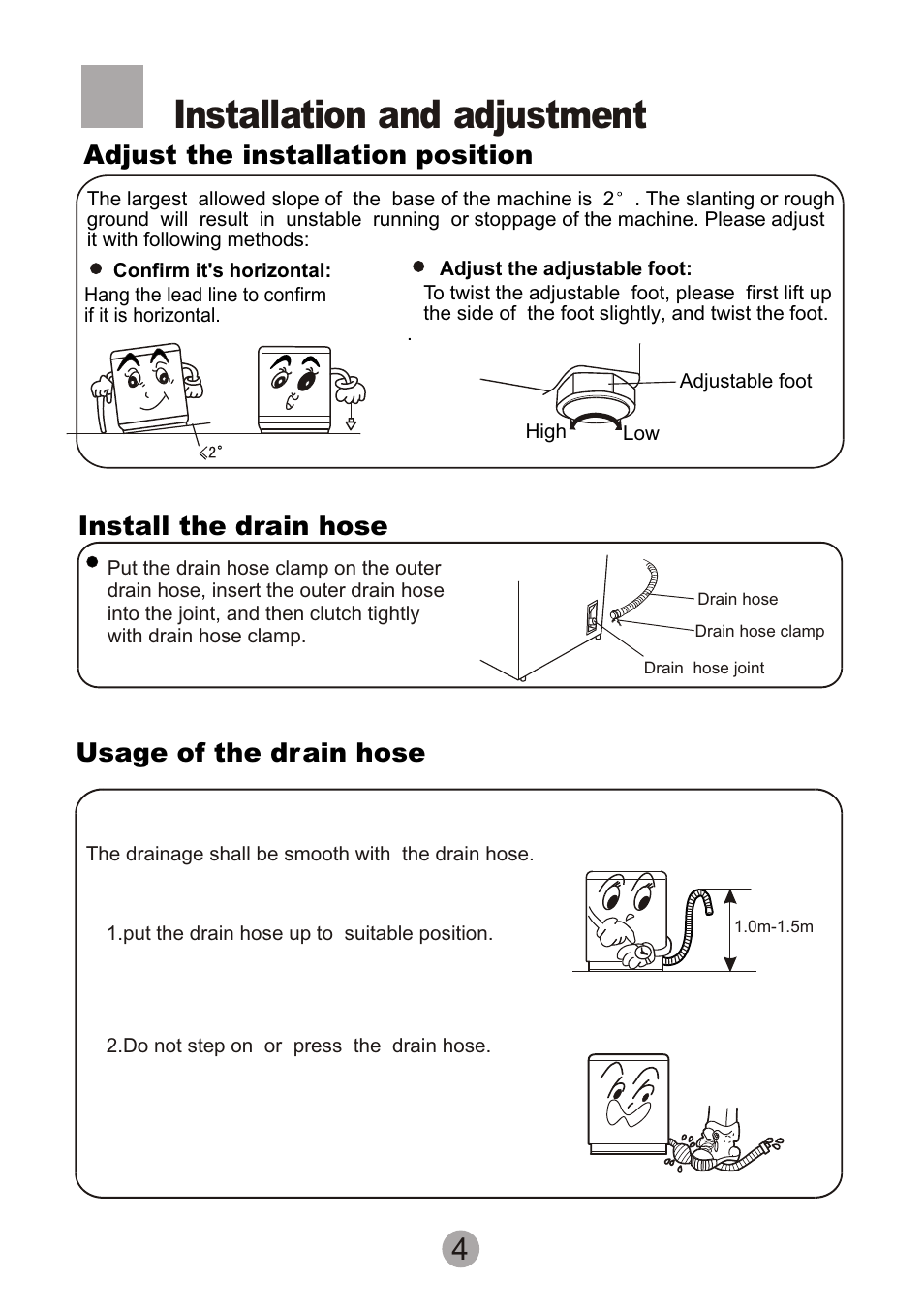 Т³гж 6, Installation and adjustment, Adjust the installation position | Install the drain hose, Usage of the drain hose | Signature Housewares SIG100-97 User Manual | Page 6 / 20