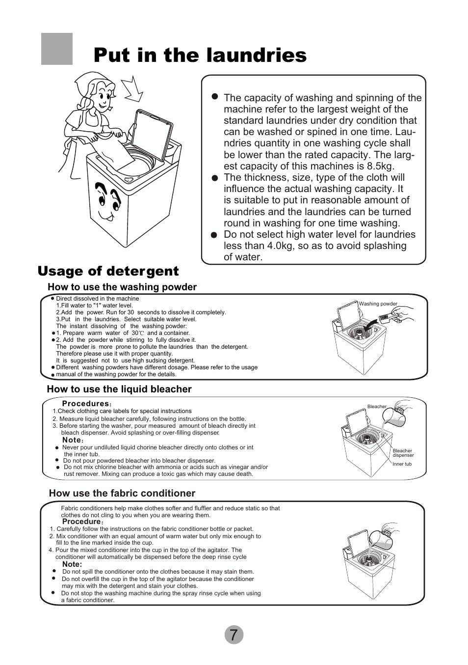 Т³гж 9, Put in the laundries, Usage of deter gent | How to use the washing powder, How to use the liquid bleacher, How use the fabric conditioner | Signature Housewares SIG100-97 User Manual | Page 9 / 20