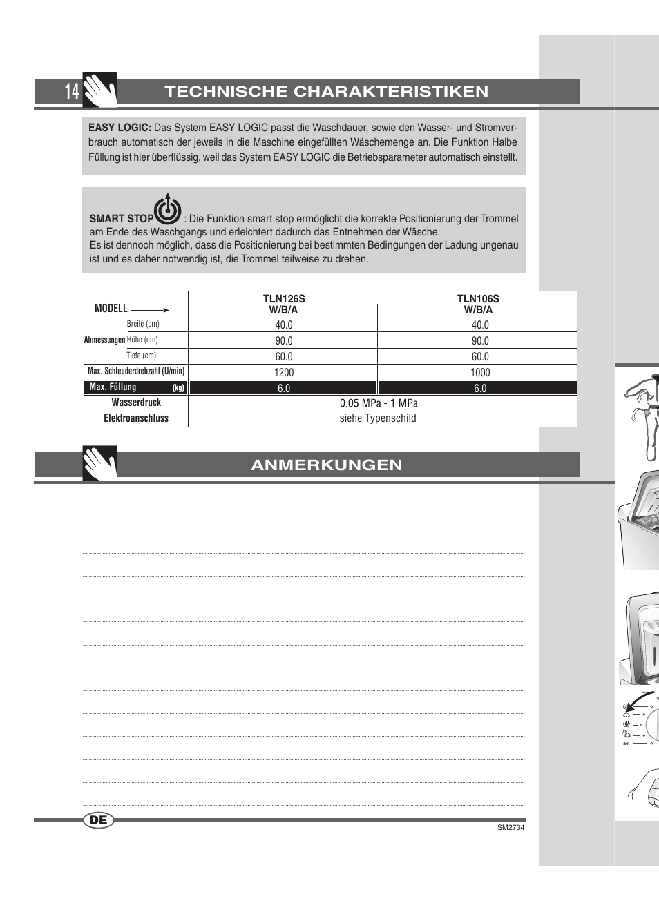Technische charakteristiken, Anmerkungen | Ardo TLN106S User Manual | Page 14 / 44