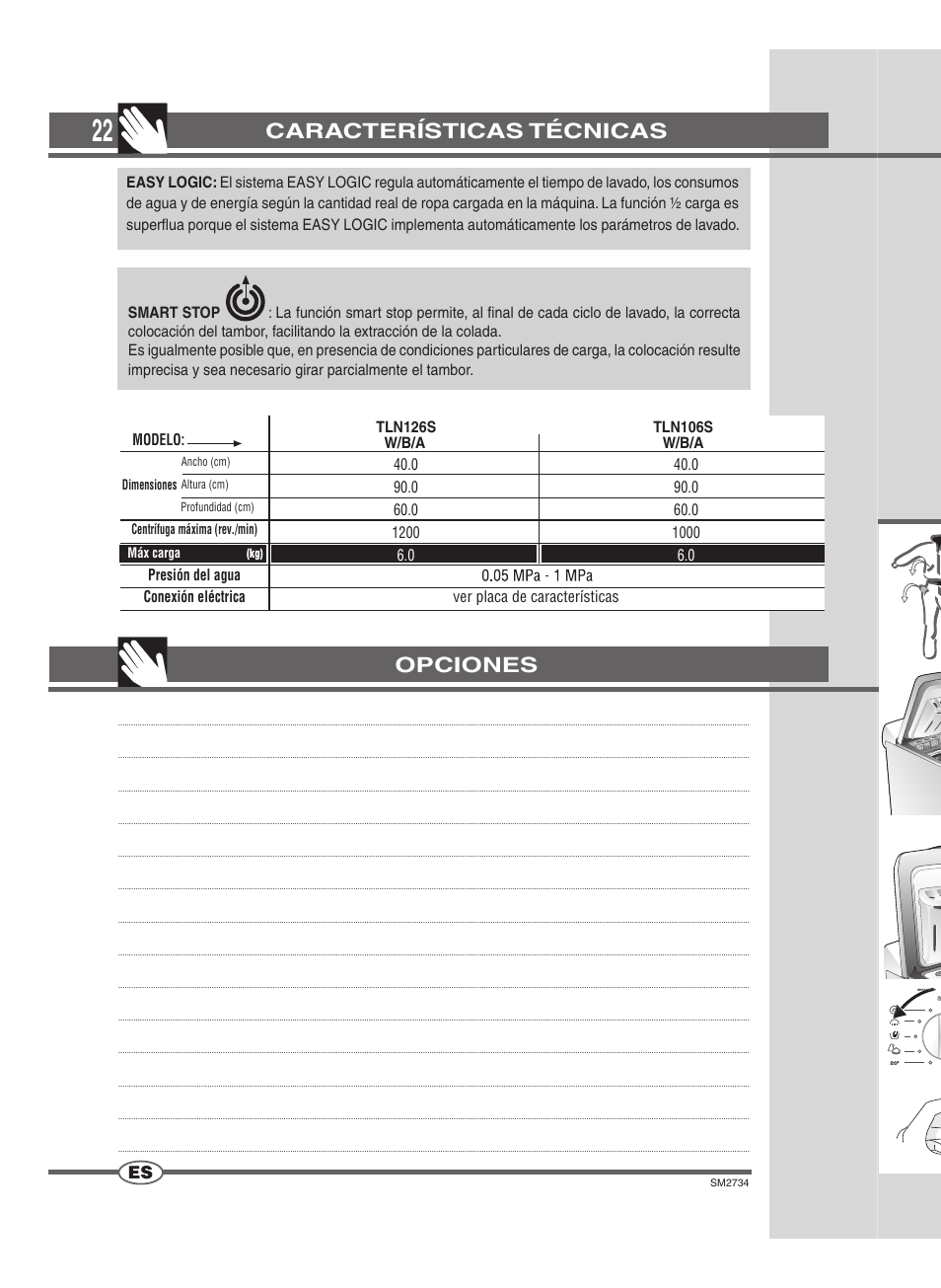 Características técnicas, Opciones | Ardo TLN106S User Manual | Page 22 / 44