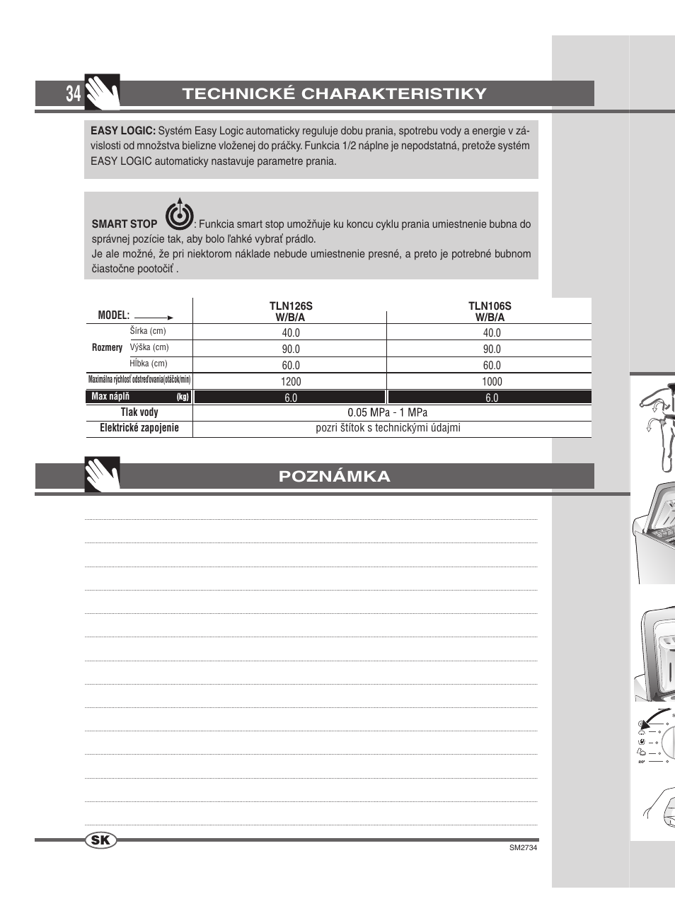 Technické charakteristiky, Poznámka | Ardo TLN106S User Manual | Page 34 / 44