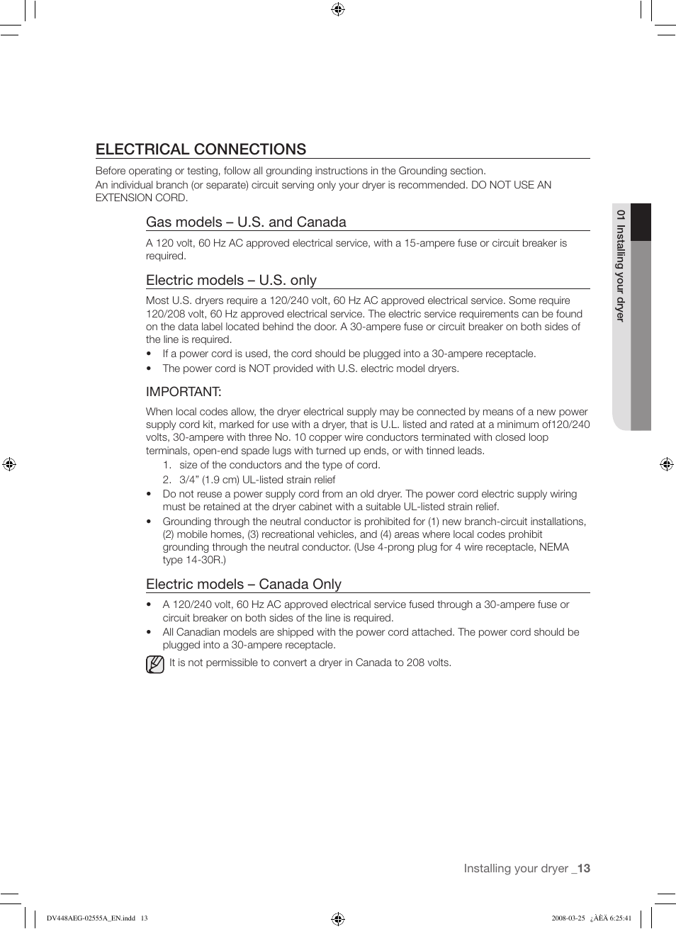 Electrical connections, Gas models – u.s. and canada, Electric models – u.s. only | Electric models – canada only | Samsung DV448AE* User Manual | Page 13 / 76