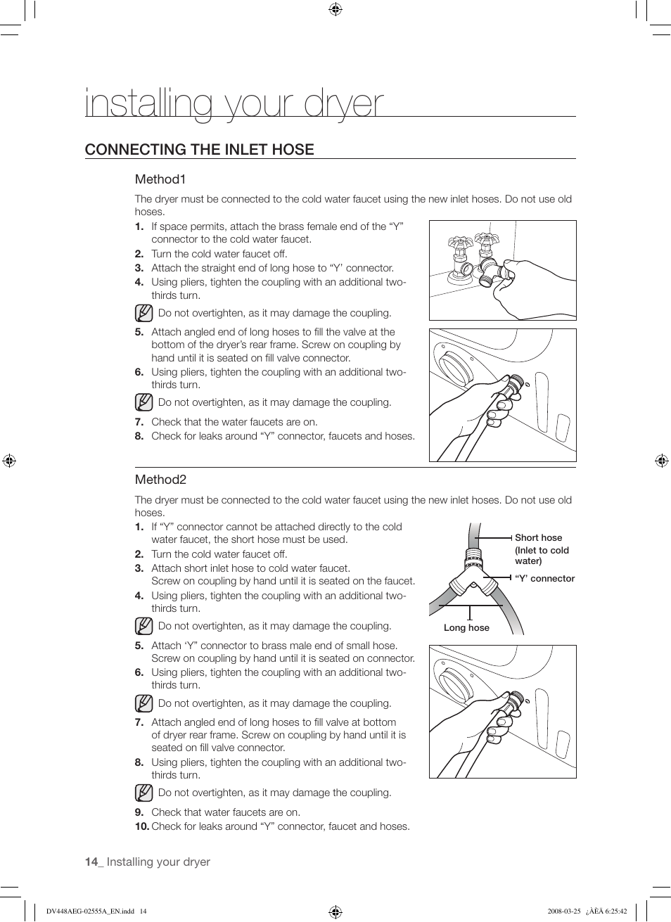Installing your dryer, Connecting the inlet hose | Samsung DV448AE* User Manual | Page 14 / 76
