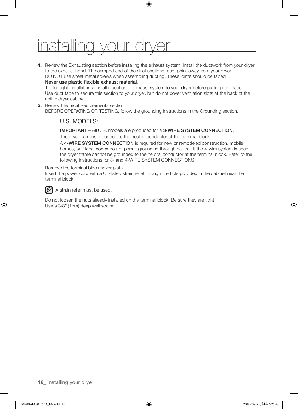 Installing your dryer | Samsung DV448AE* User Manual | Page 16 / 76