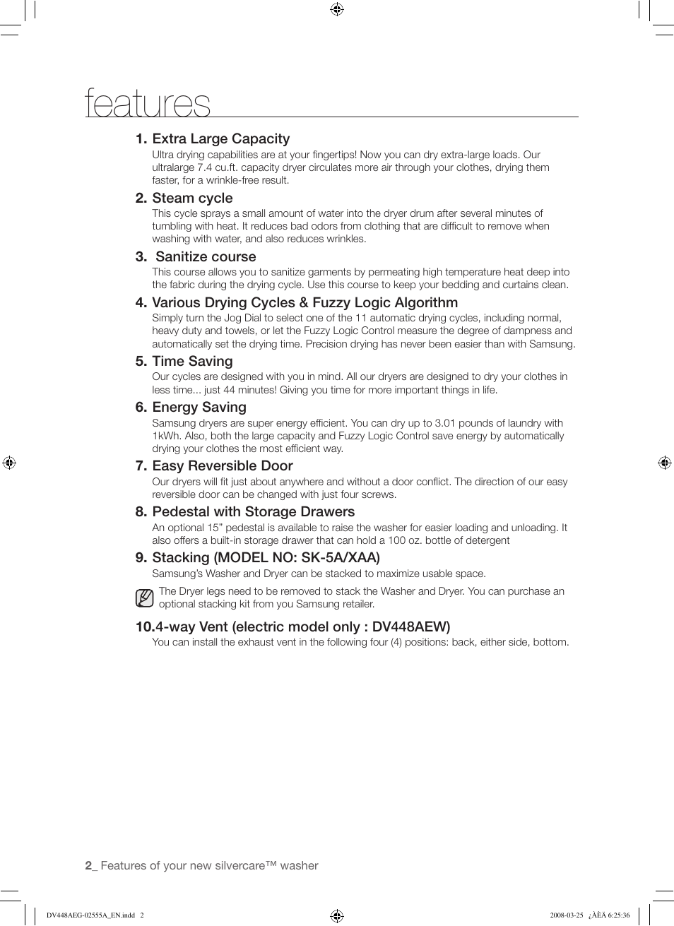 Features | Samsung DV448AE* User Manual | Page 2 / 76