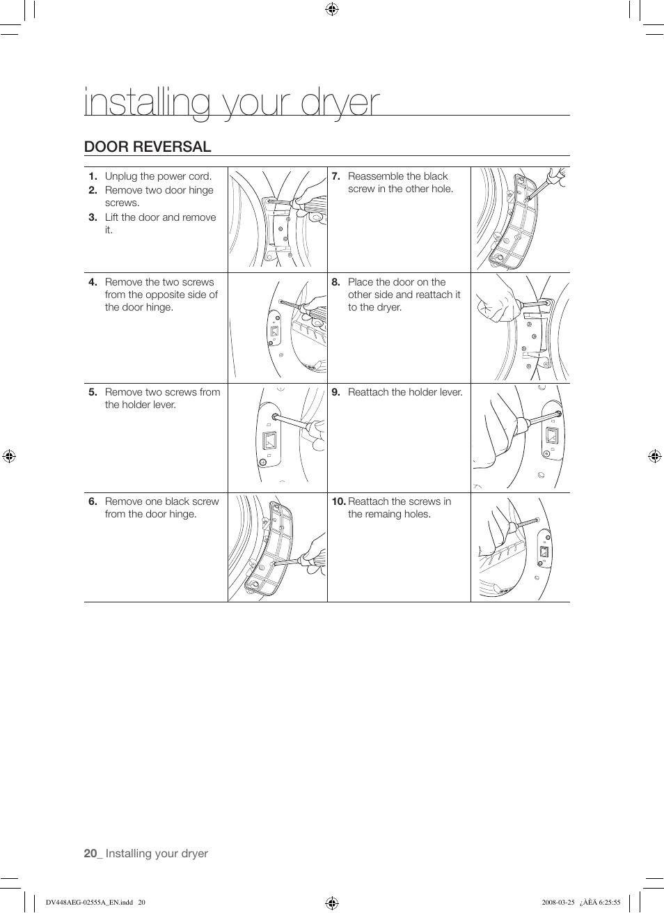 Installing your dryer, Door reversal | Samsung DV448AE* User Manual | Page 20 / 76