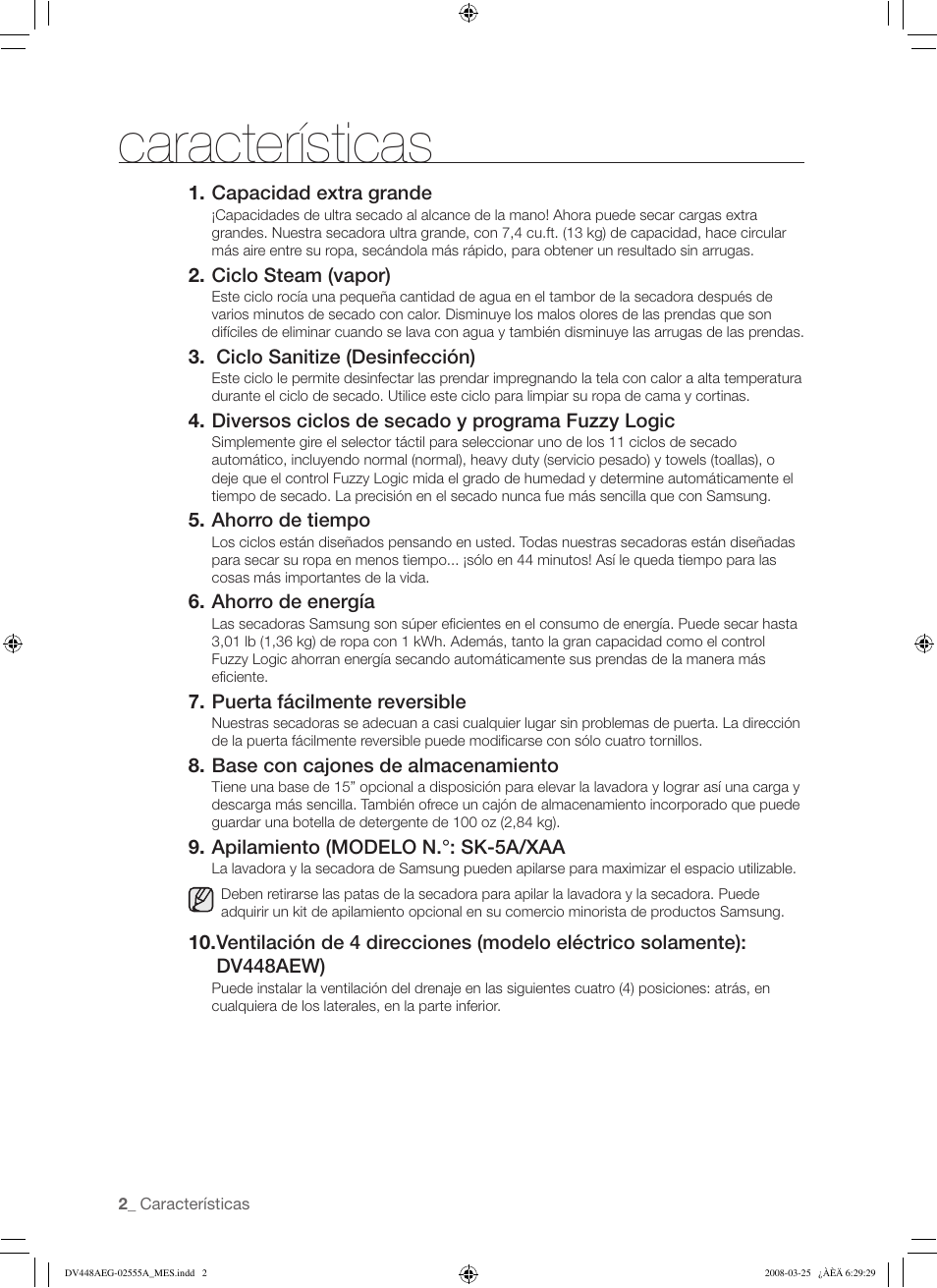 Características | Samsung DV448AE* User Manual | Page 40 / 76