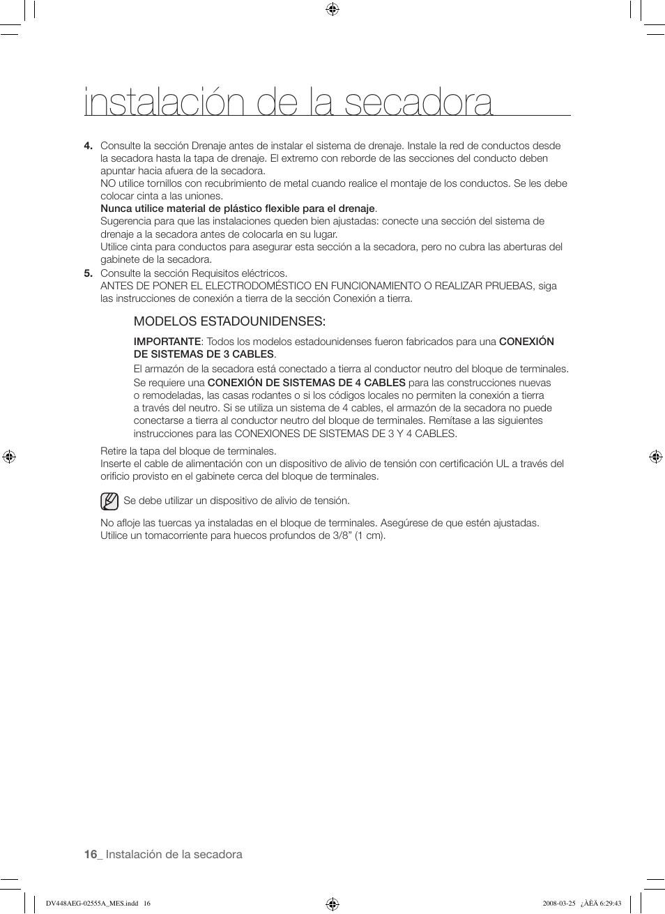 Instalación de la secadora | Samsung DV448AE* User Manual | Page 54 / 76