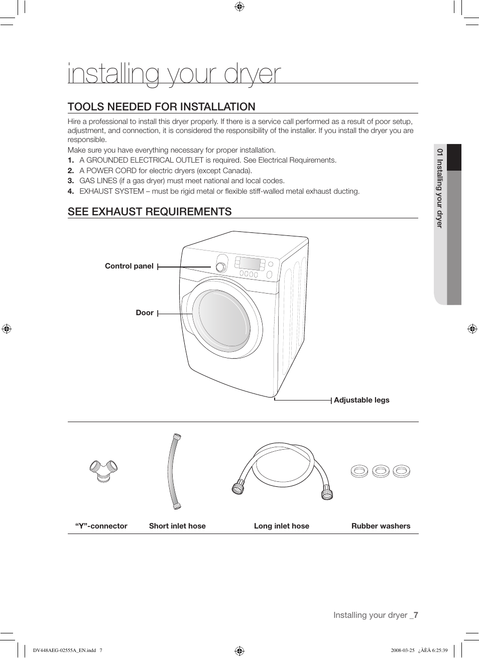 Installing your dryer | Samsung DV448AE* User Manual | Page 7 / 76