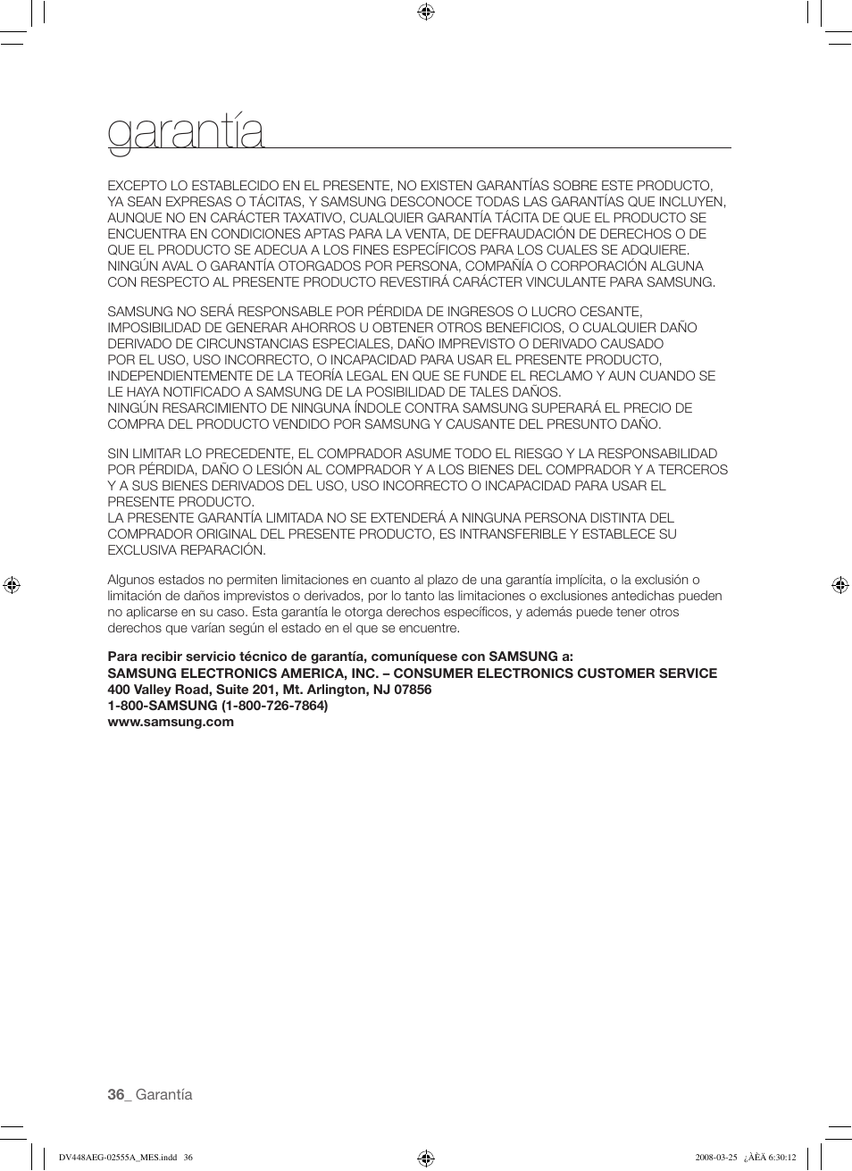 Garantía | Samsung DV448AE* User Manual | Page 74 / 76