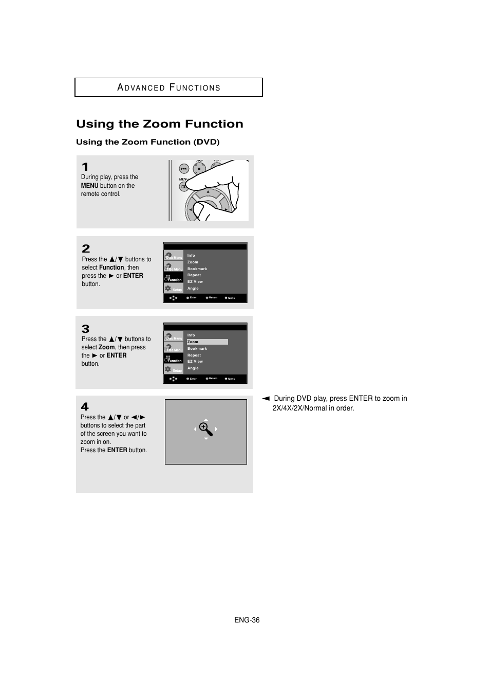 Using the zoom function | Samsung DVD-HD870 User Manual | Page 36 / 62