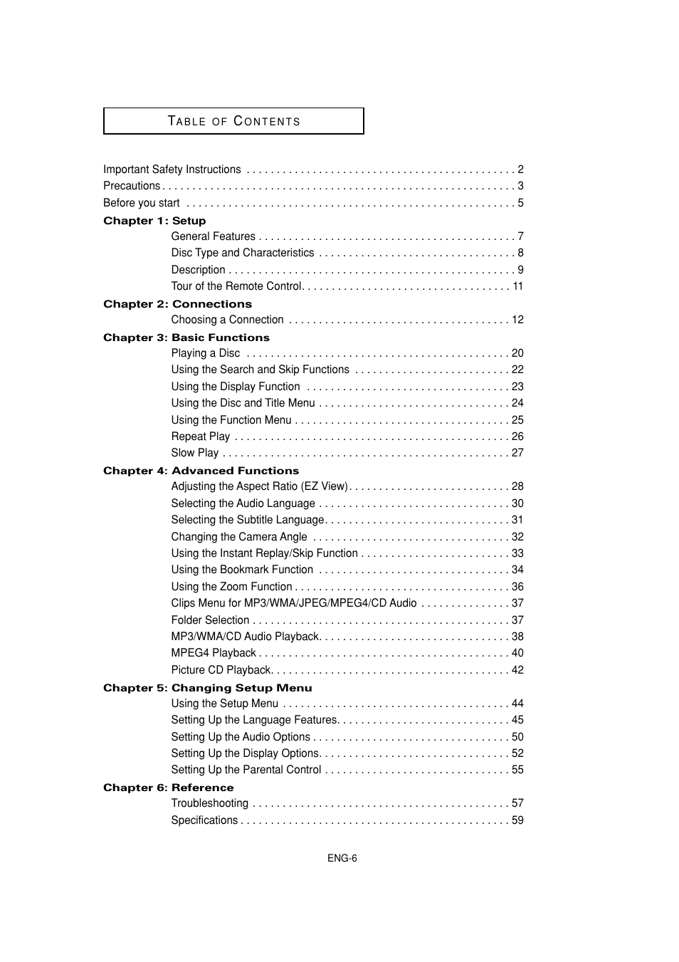 Tableofcontents | Samsung DVD-HD870 User Manual | Page 6 / 62