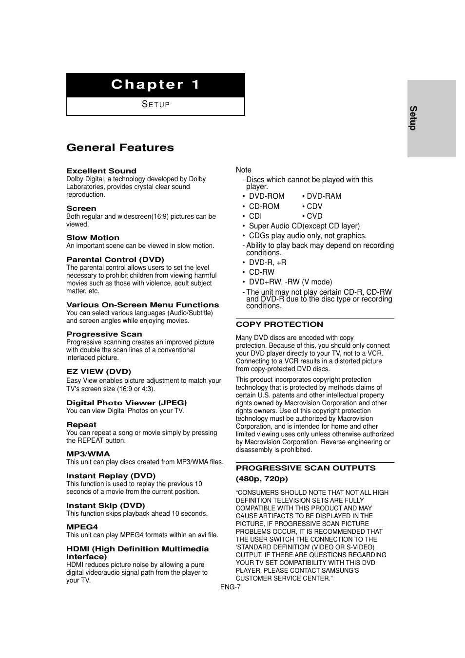 Chapter 1 (setup), General features, Setup | Samsung DVD-HD870 User Manual | Page 7 / 62