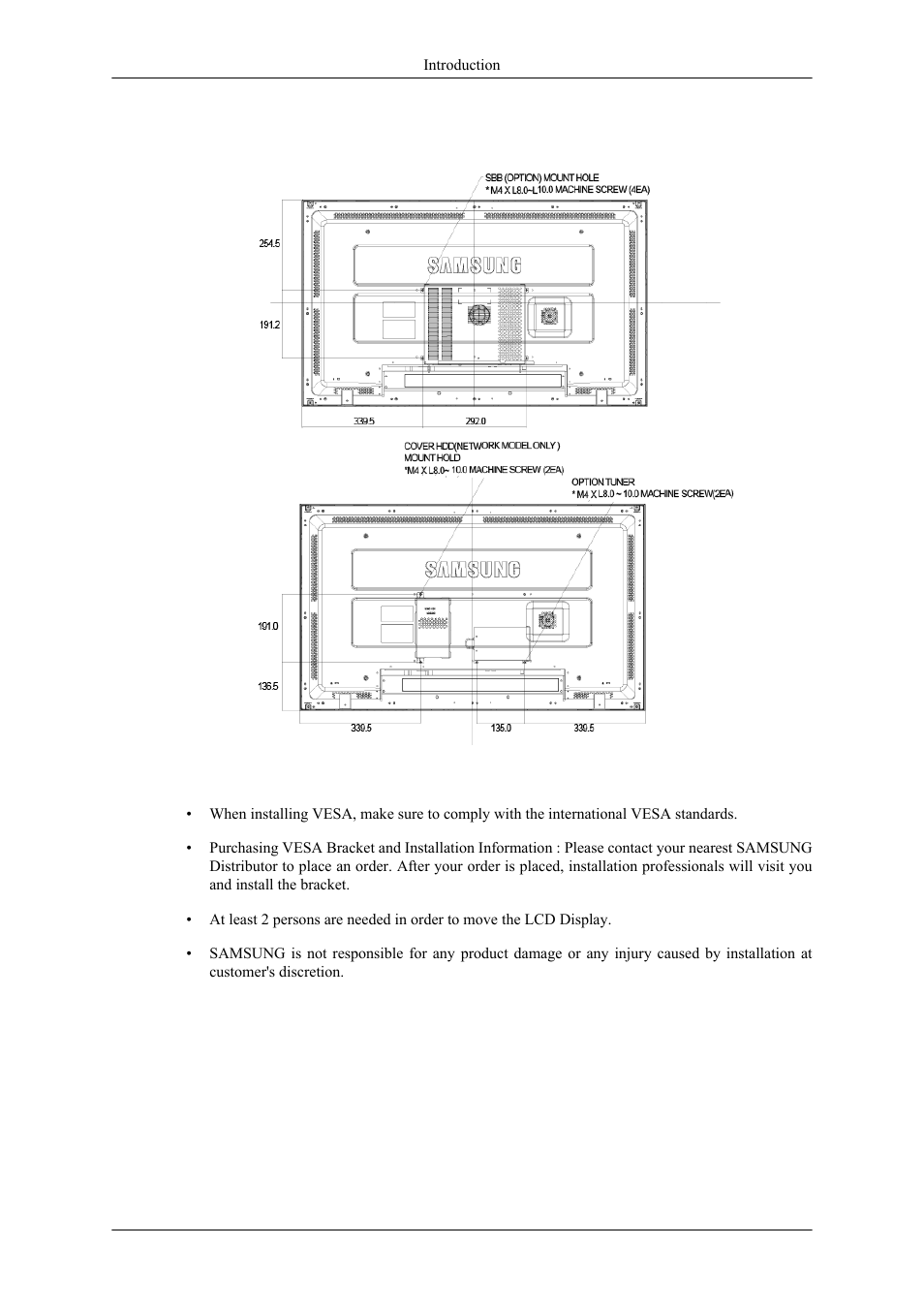 Lcd display head, Network model size, Installation vesa bracket | Samsung 460MPX User Manual | Page 13 / 37