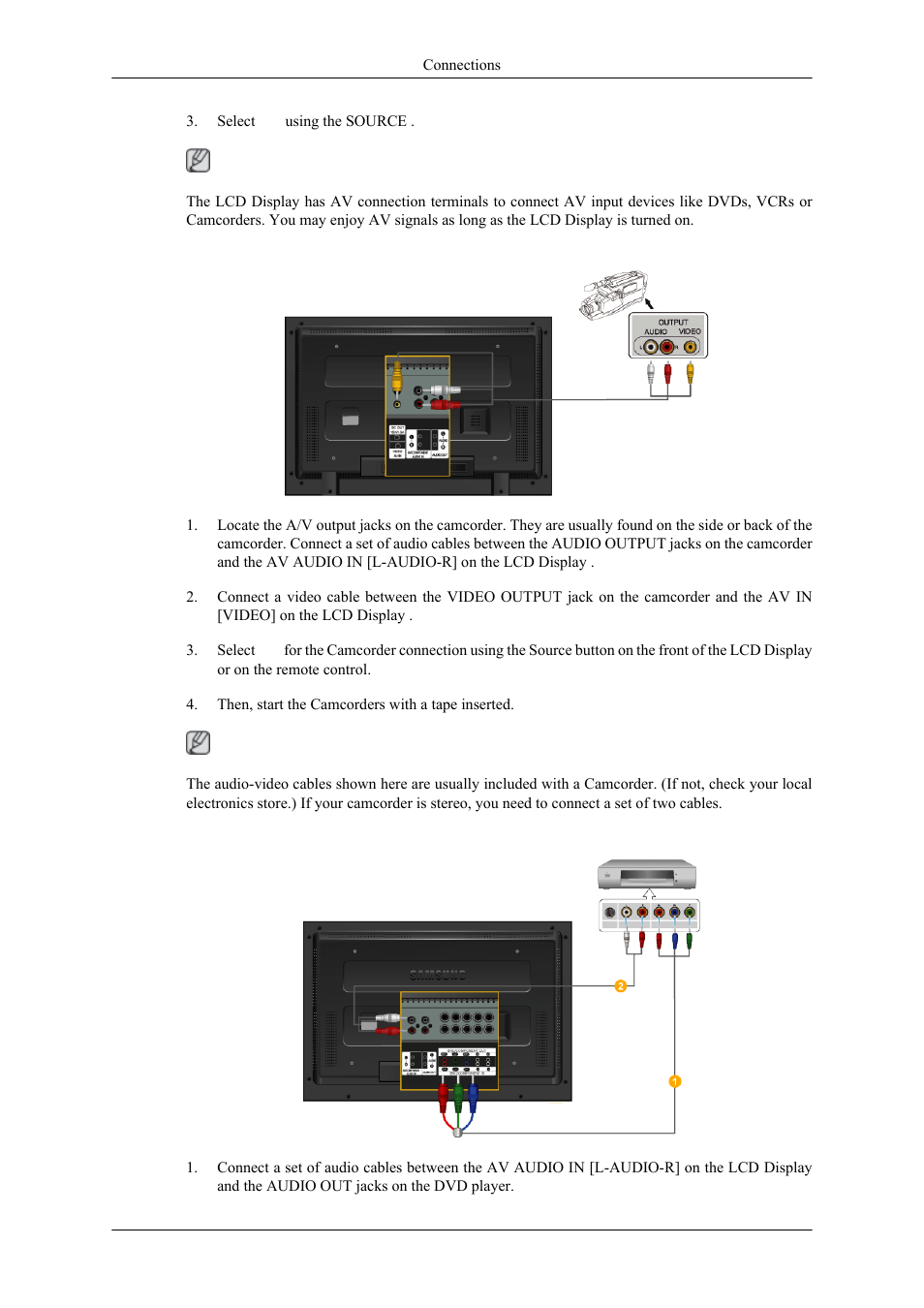 Connecting to a camcorder, Connecting a dvd player | Samsung 460MPX User Manual | Page 27 / 37