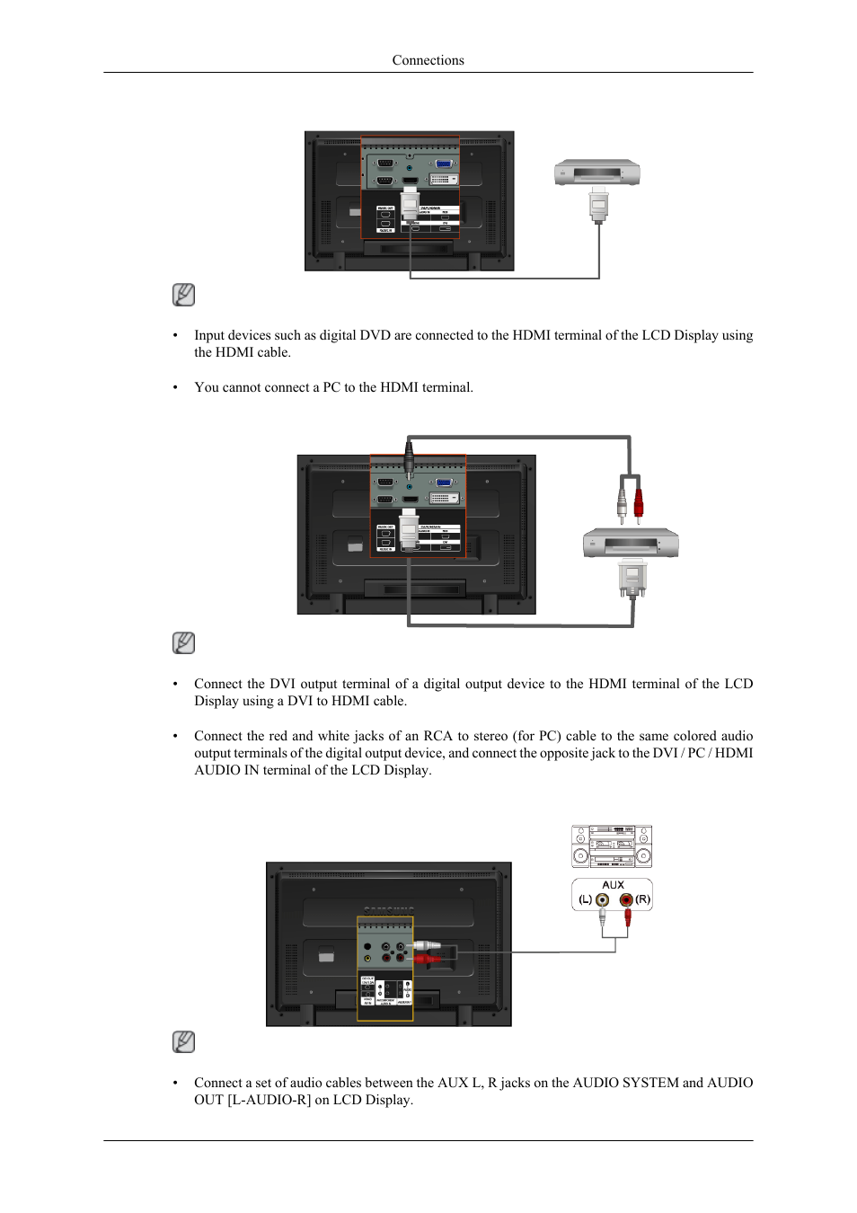 Connecting using a hdmi cable, Connecting using a dvi to hdmi cable, Connecting to an audio system | Samsung 460MPX User Manual | Page 29 / 37