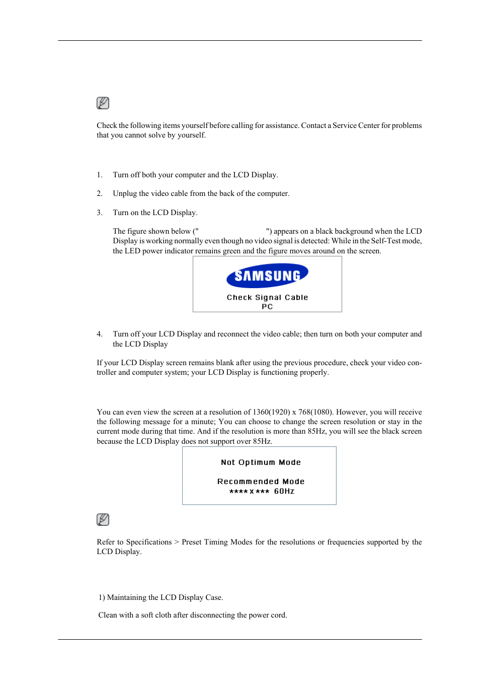 Troubleshooting, Self-test feature check, Warning messages | Maintenance and cleaning | Samsung 460MPX User Manual | Page 32 / 37