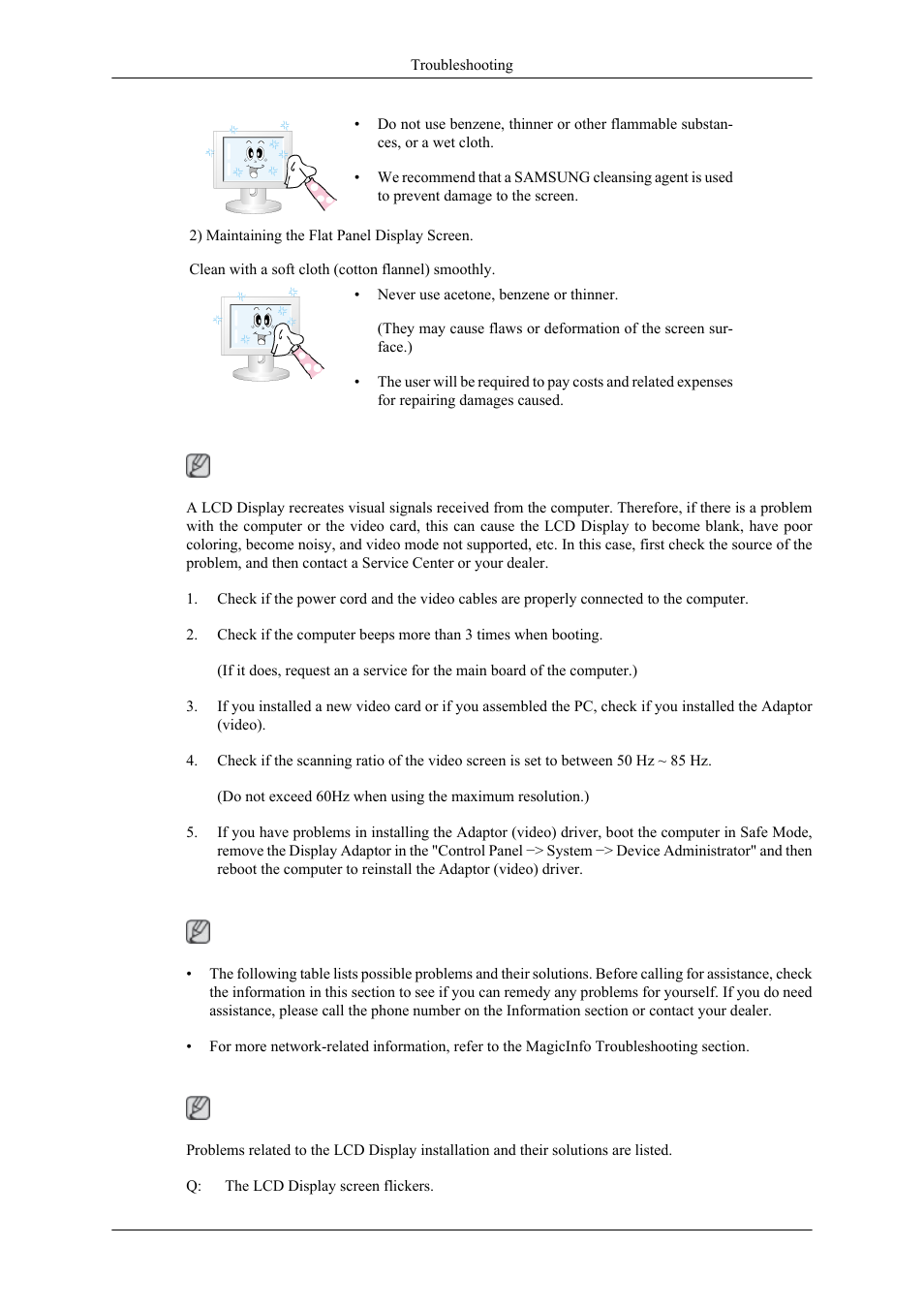 Symptoms and recommended actions, Check list, Problems related to the installation (pc mode) | Samsung 460MPX User Manual | Page 33 / 37