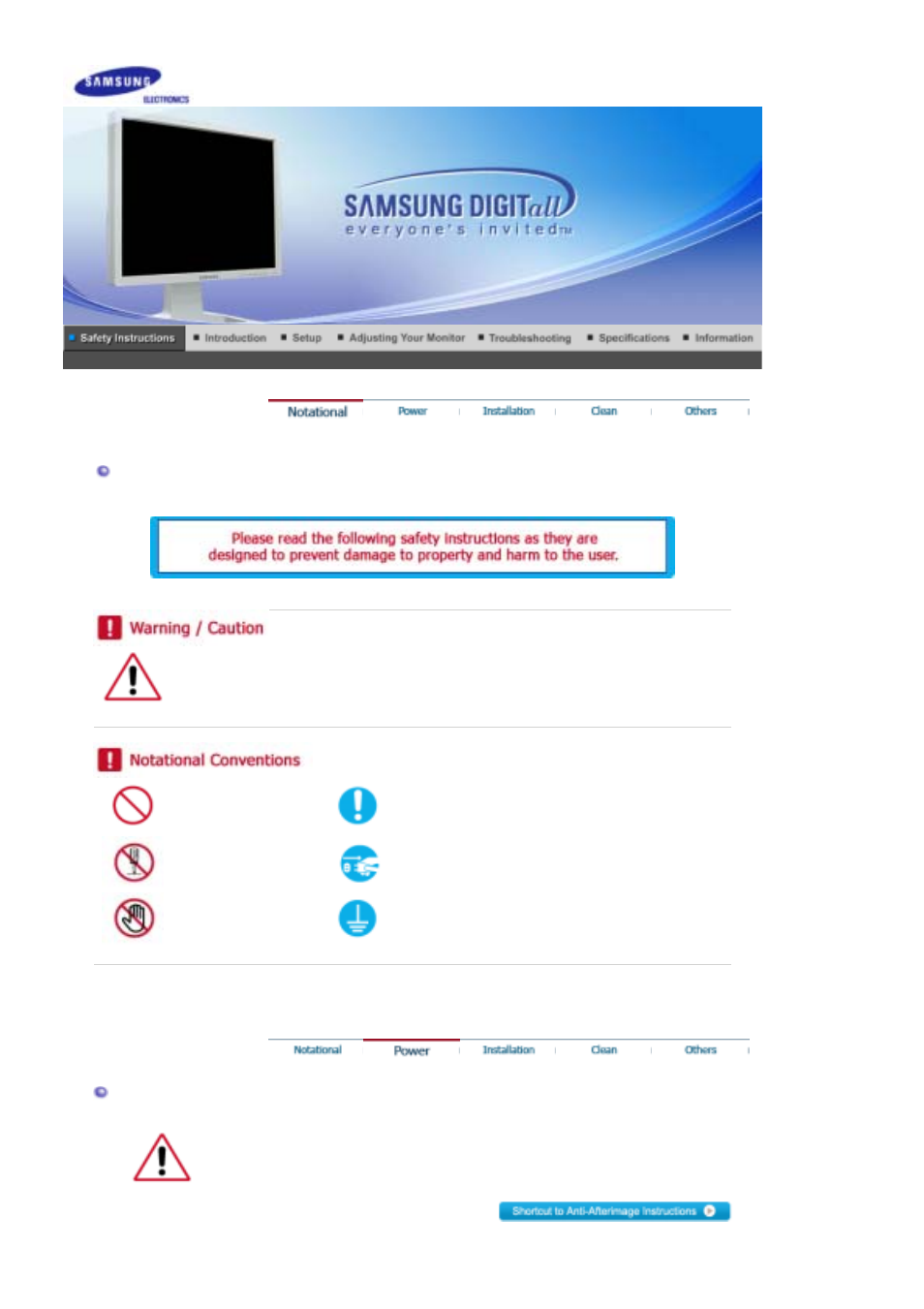 Safety instructions, Notational, Power | Samsung 204T User Manual | Page 2 / 72
