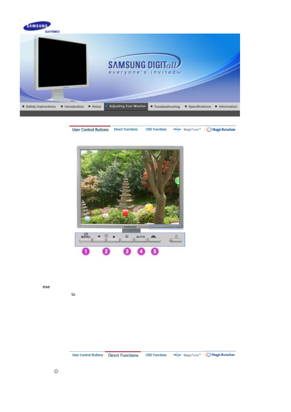 Adjusting your monitor, User control buttons, Direct functions | Samsung 204T User Manual | Page 22 / 72