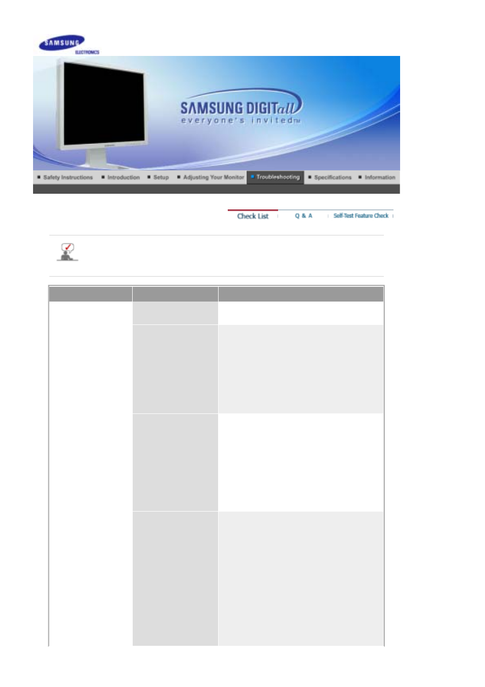 Troubleshooting, Check list | Samsung 204T User Manual | Page 57 / 72