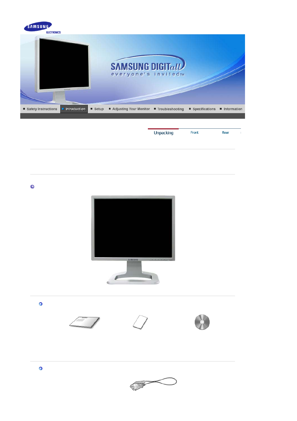 Introduction, Unpacking | Samsung 204T User Manual | Page 9 / 72