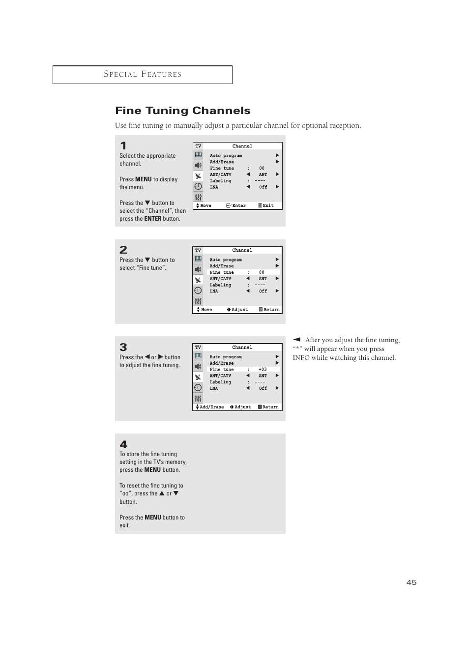 Fine tuning channels | Samsung TXN 3245FP User Manual | Page 45 / 80