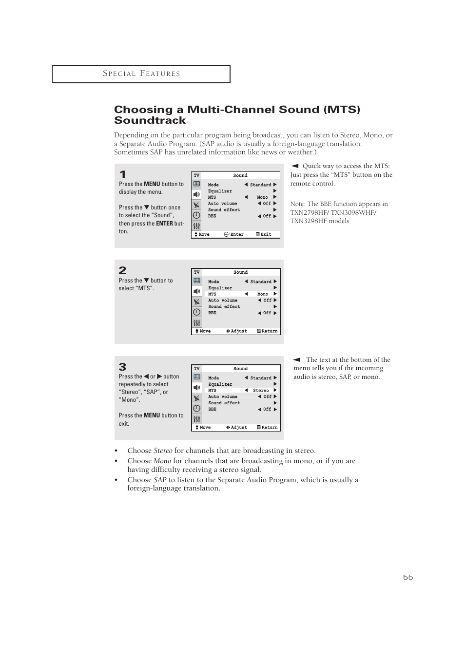 Choosing a multi-channel sound (mts) soundtrack | Samsung TXN 3245FP User Manual | Page 55 / 80