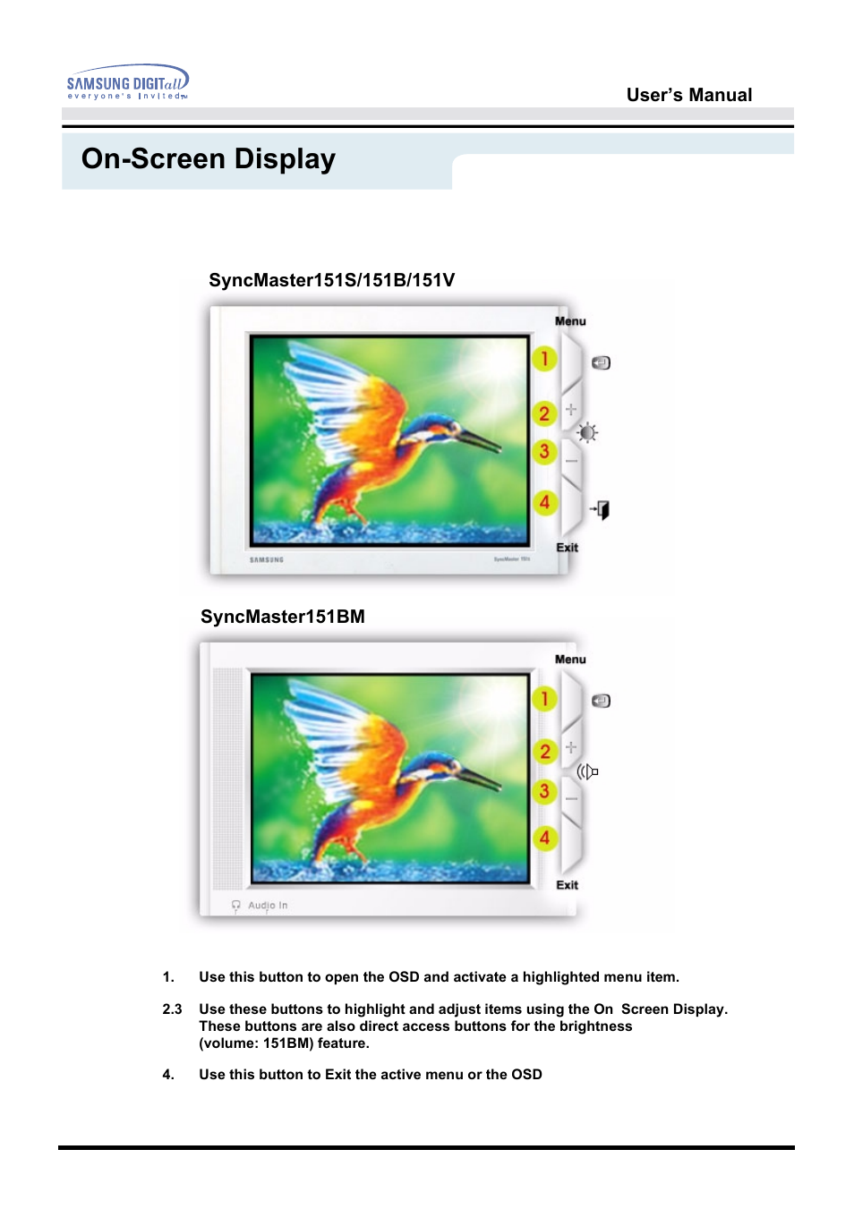 On-screen display | Samsung 151S User Manual | Page 32 / 64