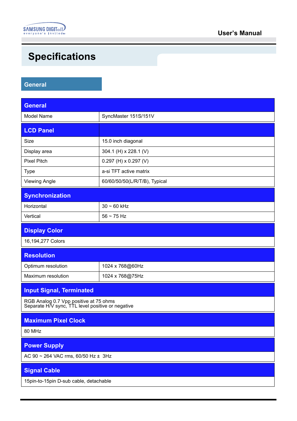 Specifications | Samsung 151S User Manual | Page 40 / 64