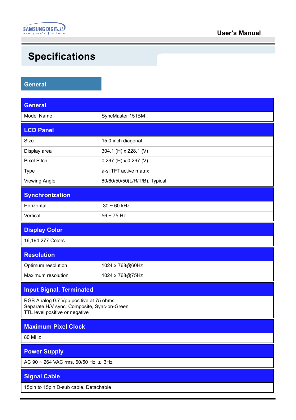 Specifications | Samsung 151S User Manual | Page 44 / 64