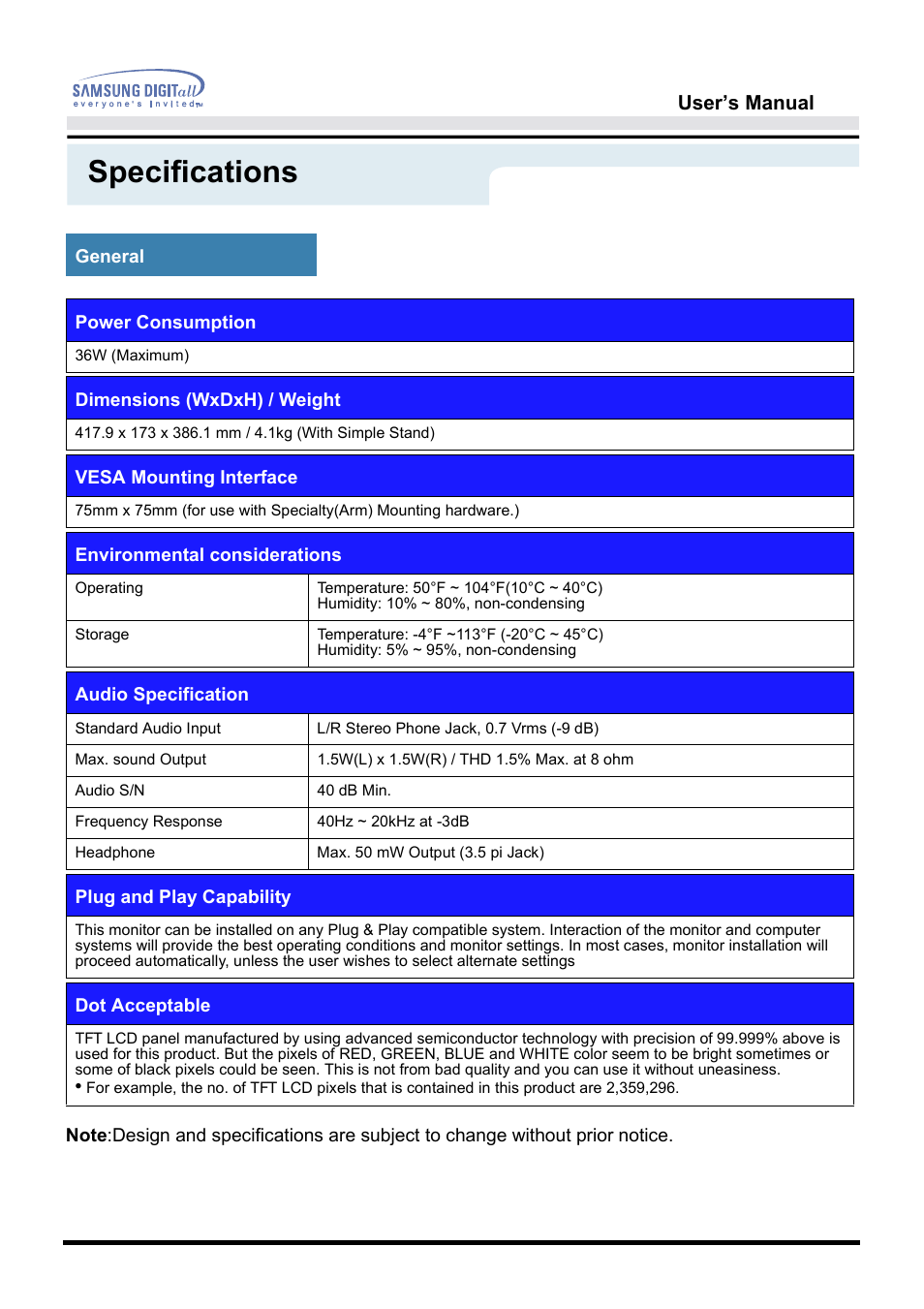 Specifications | Samsung 151S User Manual | Page 45 / 64