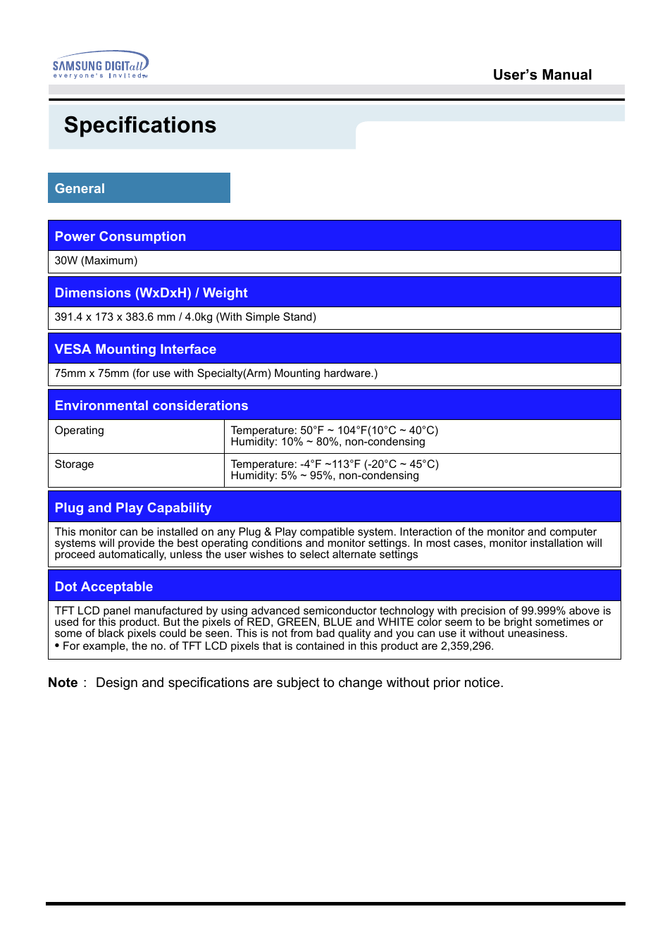 Specifications | Samsung 151S User Manual | Page 47 / 64