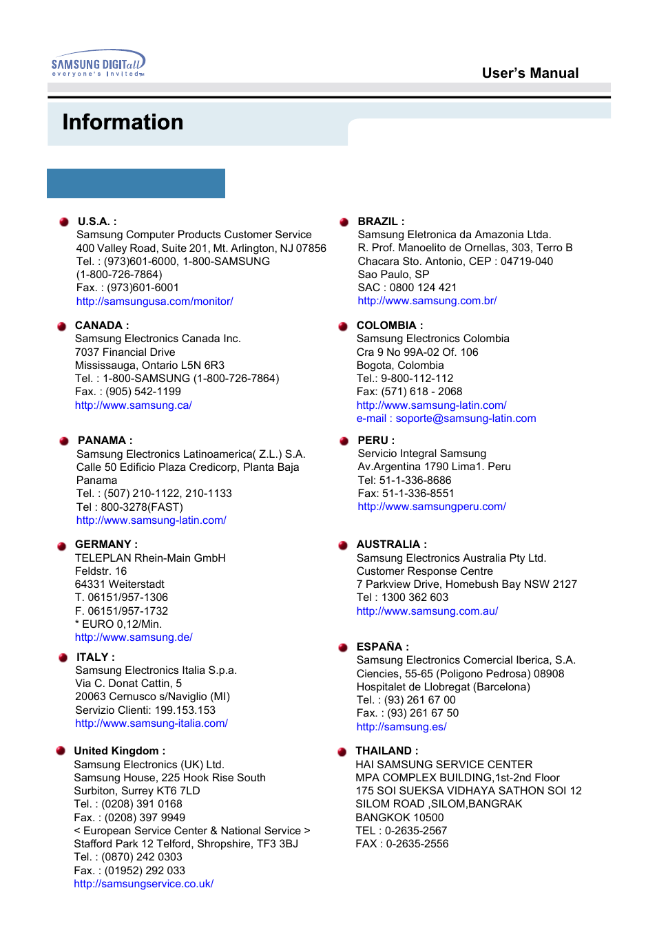 Information, User’s manual, Service | Samsung 151S User Manual | Page 52 / 64
