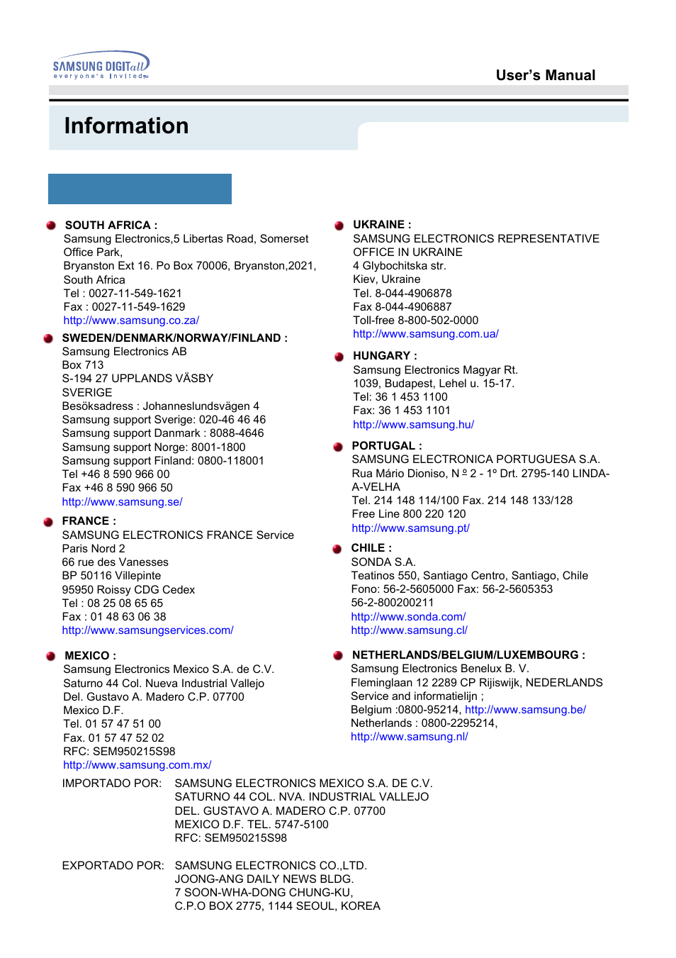 Information, User’s manual, Service | Samsung 151S User Manual | Page 53 / 64