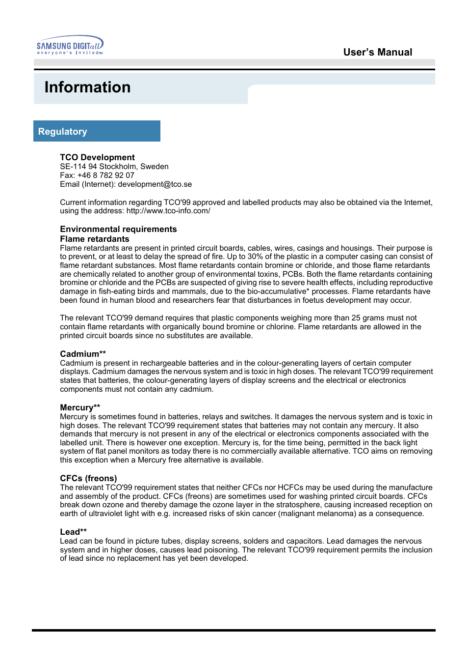 Information, User’s manual | Samsung 151S User Manual | Page 60 / 64