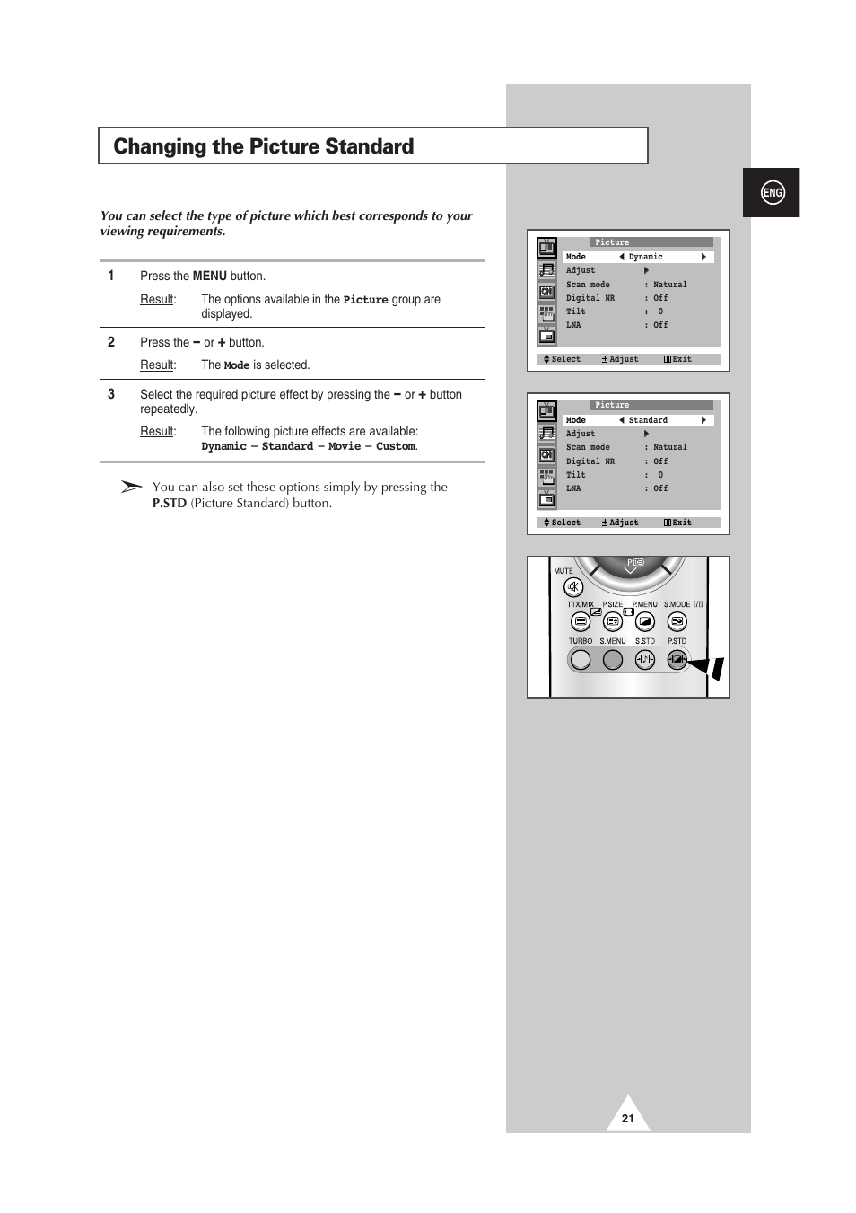 Changing the picture standard | Samsung 29Z6 User Manual | Page 21 / 44