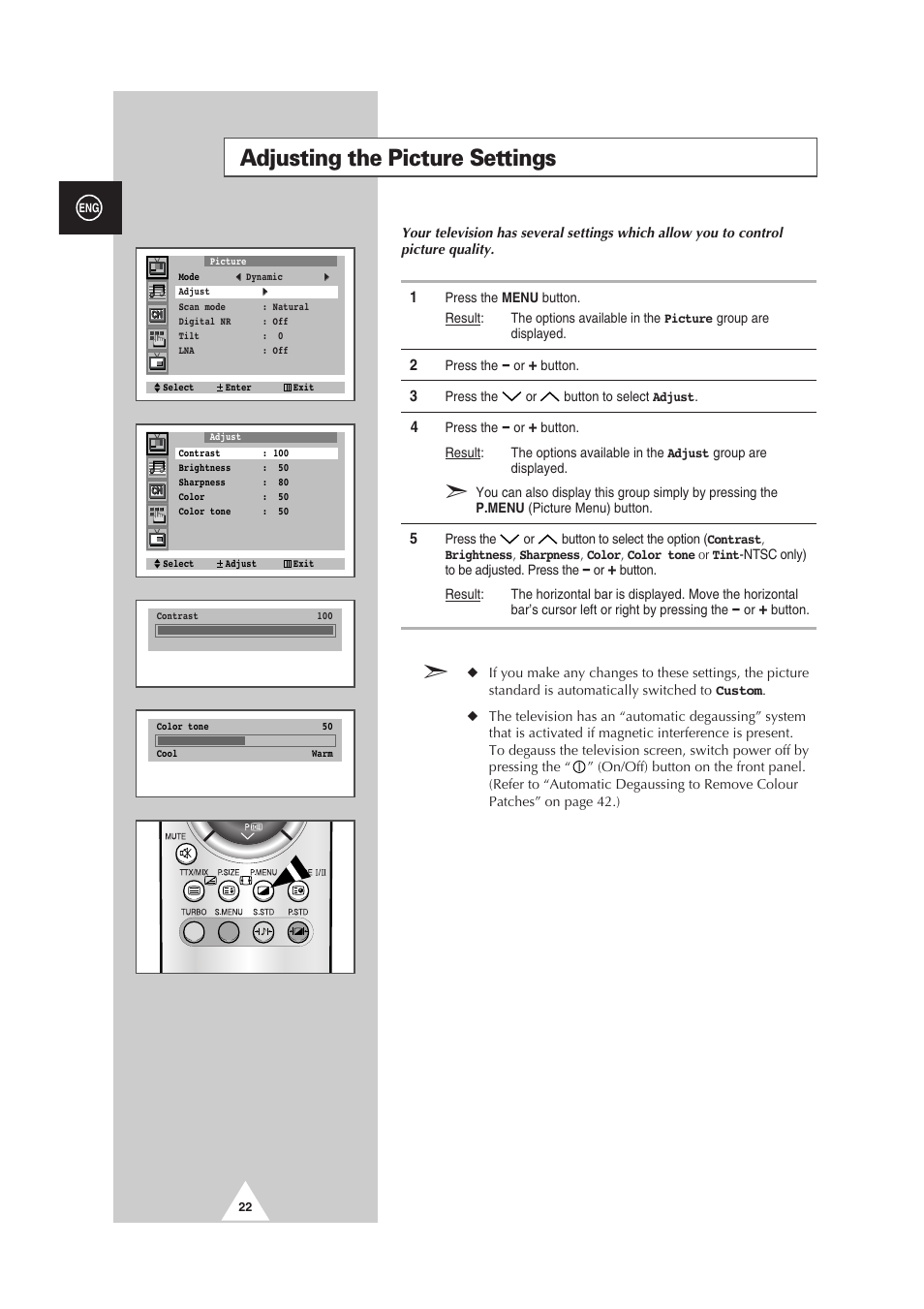 Adjusting the picture settings | Samsung 29Z6 User Manual | Page 22 / 44