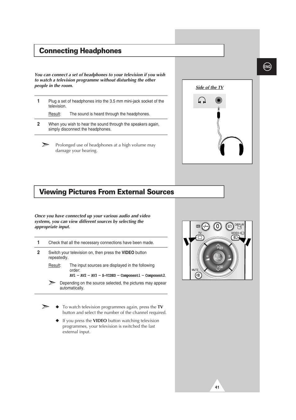 Connecting headphones, Viewing pictures from external sources | Samsung 29Z6 User Manual | Page 41 / 44